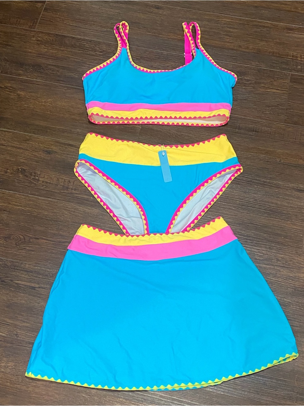 NWT Popvil Bright Blue Bikini Top & Skirt Set with Neon Pink and Yellow Trim - Picture 5 of 9
